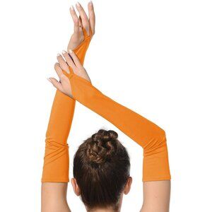 Women's Orange Finger Loop Fingerless Elbow Length Long Satin Gloves Cosplay